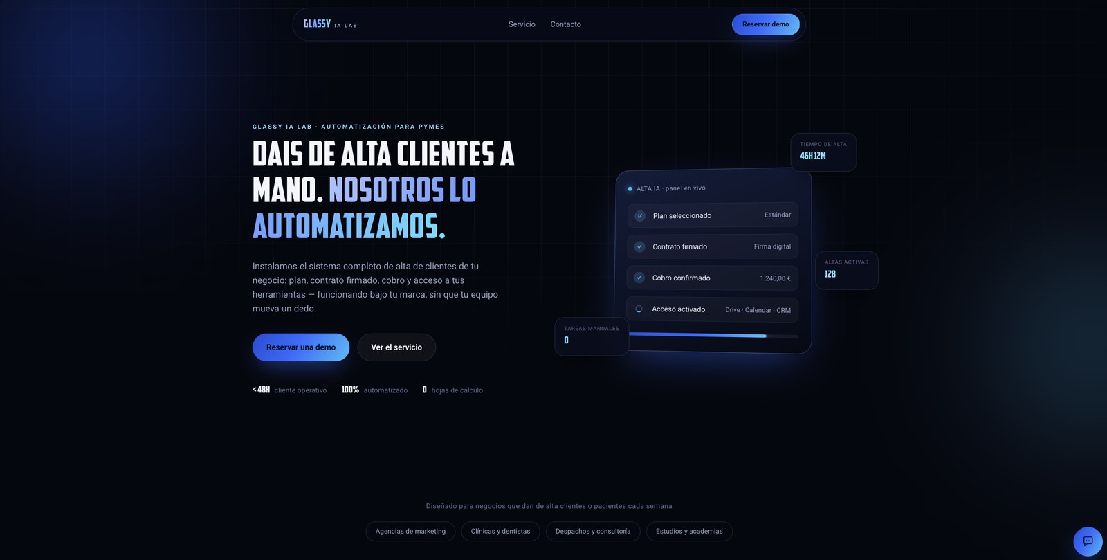 Captura real del hero de la web de Glassy IA Lab